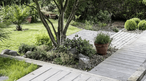 wood and stone backyard